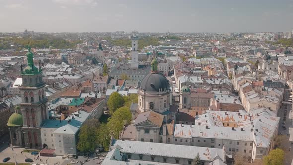 Lvov, Ukraine. Aerial City Lviv, Ukraine. Panorama of the Old Town. Dominican