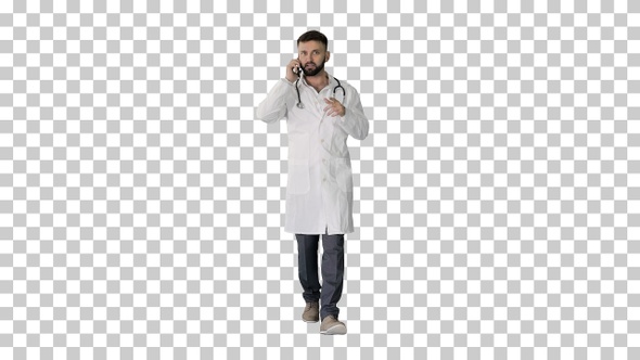 Medical doctor calling by phone walking, Alpha Channel