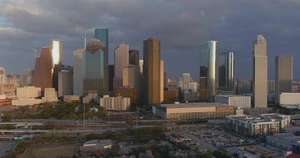 4k drone view of downtown Houston cityscape on a beautiful day.