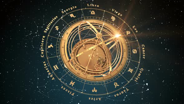 Zodiac Signs and Armillary Sphere On Blue Background