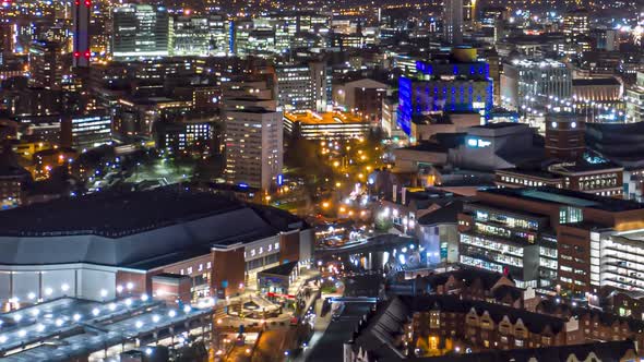 Aerial hyperlapse of Birmingham city centre at night.