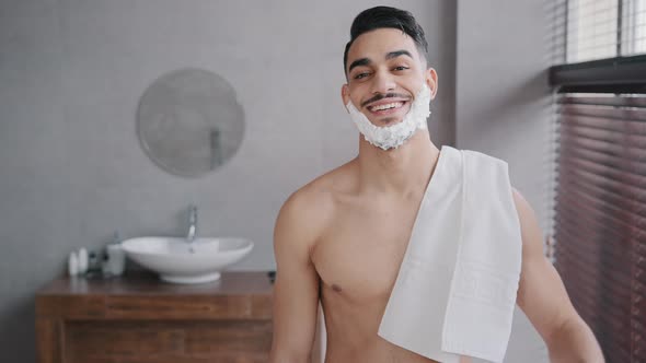 Funny Male Portrait in Bathroom Hispanic Indian Arabian Naked Man Bearded Guy Posing Smiling with