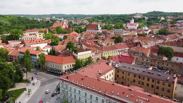 Unesco architecture of Vilnius old town with street traffic, aerial view