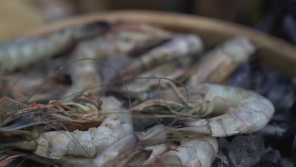 Fresh Seafood. Prawns and Mussels Before Cooking