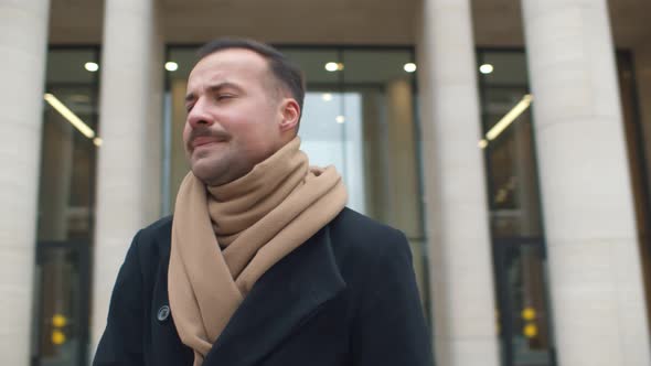 Handsome Businessman Standing Outdoors Business Center and Coughing Feeling Unwell