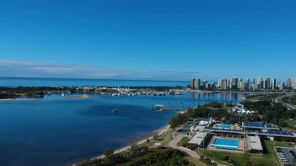 Aerial view showing Australia's Gold Coast waterways and urban sprawl on a clear day