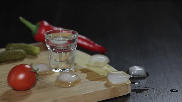 Man Puts a Glass Filled with Vodka on the Wooden Board