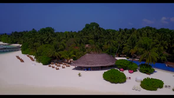 Aerial panorama of idyllic bay beach voyage by blue sea with white sandy background of a dayout befo