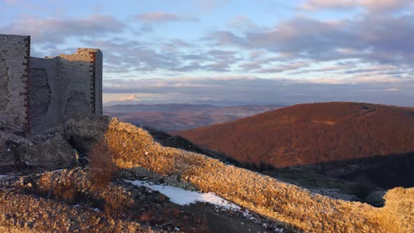 Kosovo Castle during Sunrise Drone Reveal