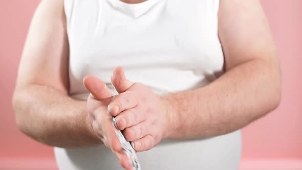 Chubby Man Rubs His Hands Shaving Foam