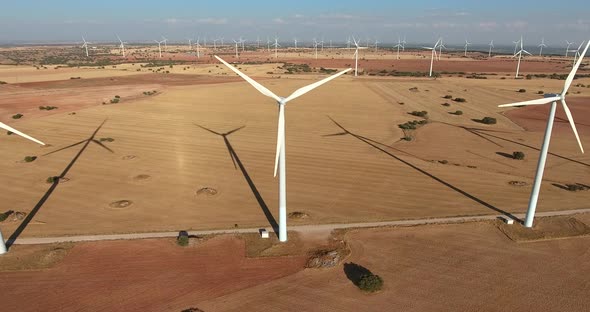 aerial view of a eolic wind mill park in countryside