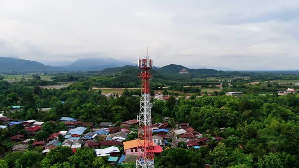 Telecommunication Antenna Tower With 5G And 4G Base Network Aerial View.