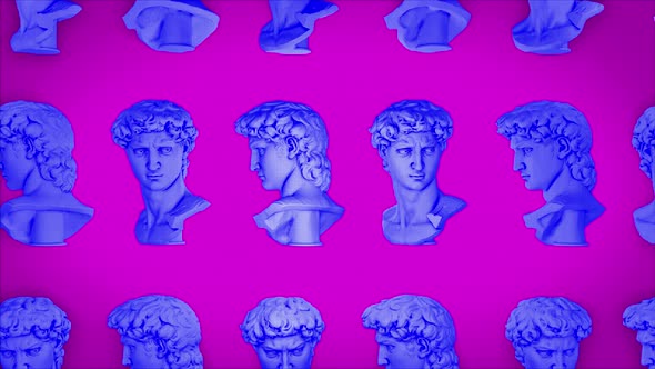 Multiple busts of a greek philosopher are rotating in the surreal art background