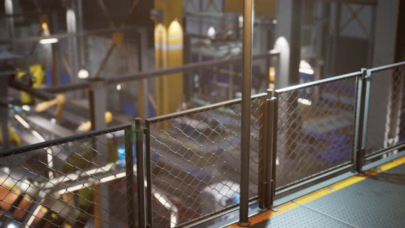 Interior of Car Factory with a Production Line alt