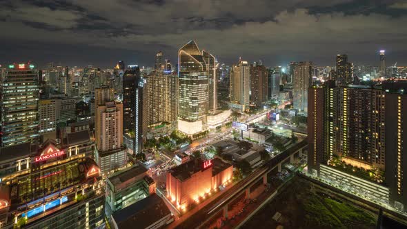 Time lapse of aerial view of Bangkok Downtown Skyline with road street. Thailand