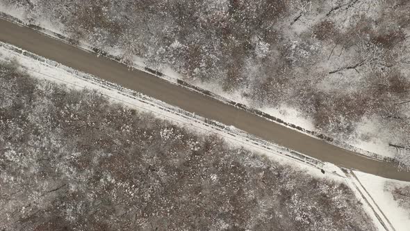 Winter scenery with road leading through the forest 4K footage