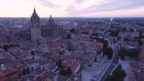 Cinematic wide aerial establishing shot of the city of Salamanca in Spain