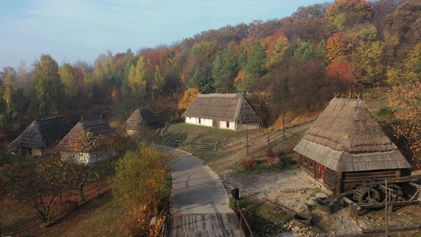 Ukraine. Ukrainian village in autumn. Aerial view. Ukrainian windmill. Foggy morning.