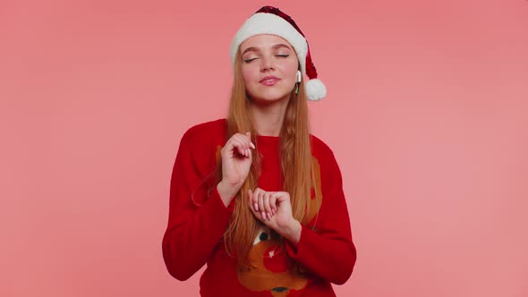 Woman in Christmas Sweater Listening Music Via Earphones Dancing Disco Fooling Around Having Fun