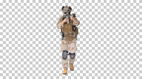 Soldier of special force walking and shooting, Alpha Channel