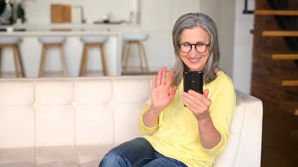 Glad Mature Grayhaired Woman Lady Talking Online on Mobile Phone Via Video Connection