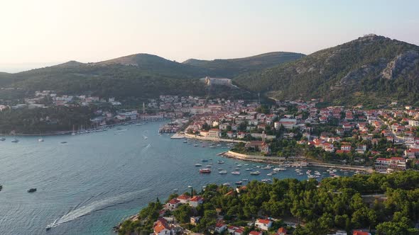 Croatia, Hvar island. Aerial view at the town. Vacation and adventure.