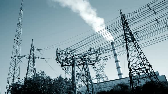 Electric Power Plant Closeup, Power Line with Wire High-voltage Power