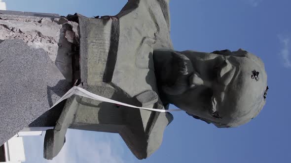 Vertical Video of the Shevchenko Monument Destroyed By the War in Borodyanka Ukraine