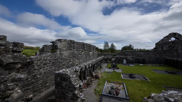 Motion time lapse of Creevelea Abbey medieval ruin in county Leitrim in Ireland as a historical sigh