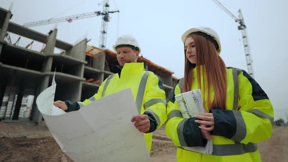 Foreman and Female Building Inspector are Walking in Construction Site