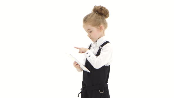 Little Schoolgirl, Business Lady Talking Online on Tablet. Isolated Studio