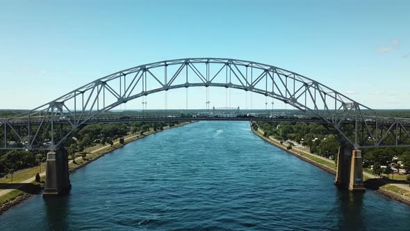 The beautiful Bourne Steel Bridge in Bourne, Massachusetts. A beautiful sunny day Cape Cod Canal.