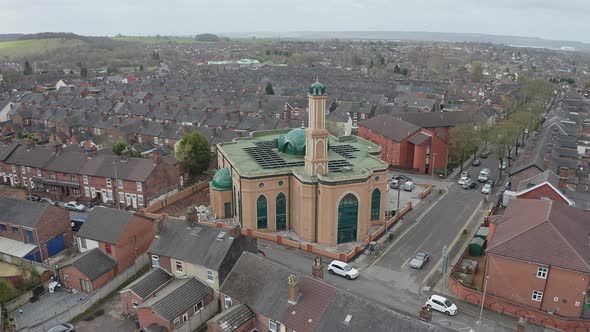Aerial view of Gilani Noor Mosque in Longton, Stoke on Trent, Staffordshire, the new Mosque being bu