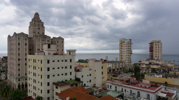 Beautiful Aerial Time Lapse view of the Havana City, Capital of Cuba, during a vibrant cloudy day.