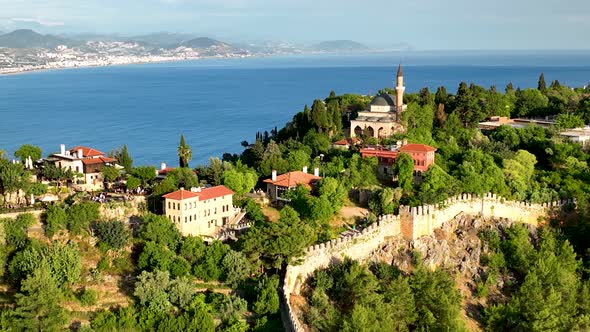 Castle Alanya Kalesi Aerial View 4 K of Mountain and City Turkey