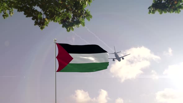 Palestine Flag With Airplane And City -3D rendering