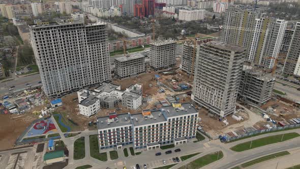 Flight Over The Construction Site. Shot With A Wide Shot, Camera Down