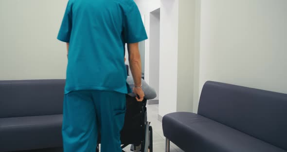 Doctor Pushing Wheelchair with Male Patient