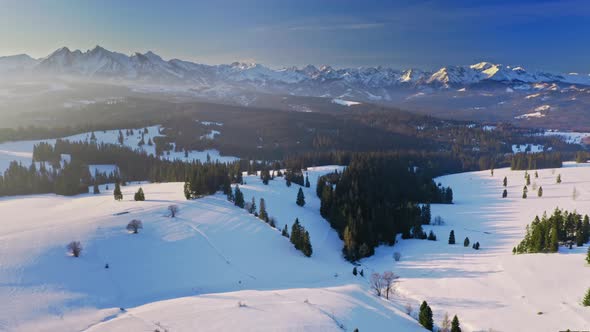 Sunrise in Tatra mountains at winter in Poland, aerial view