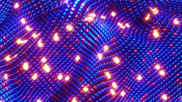 Animated wave moving structure of blue cubes with glare and radiance