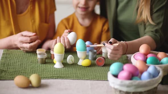 Happy Easter Family Elderly Grandmother and Young Woman Mother Blonde with Little Daughter with