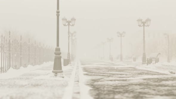 Vintage cobblestone street with classic lanterns and cold, snowy weather. 4KHD