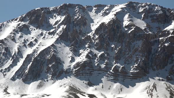 Rocky Snowy Mountain Summit Under Thermal Fluctuation of Hot Weather in Sunny Spring Day