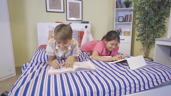 Two friends study in bed at home.