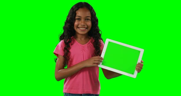 Smiling girl showing digital tablet 4k