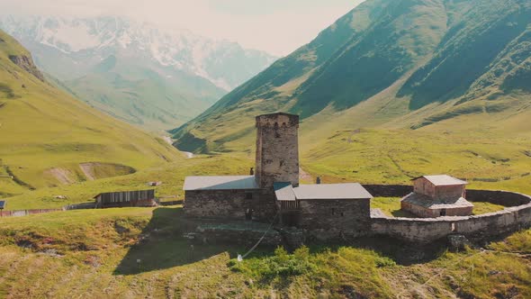 Side View Of Old Lamaria Monastery In Ushguli