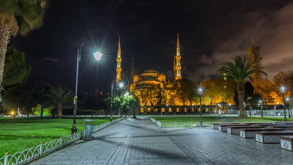 Blue Mosque Timelapse Hyperlapse at Night with Golden Illumination, Istanbul