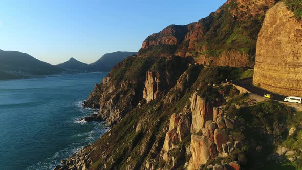 Aerial Shot Flying Over the Rocky Clifs on the Edge of the Chapman's Peak Pass