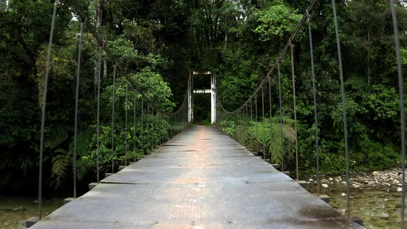 Following a large metal pedestrian bridge that is running over a tropical river