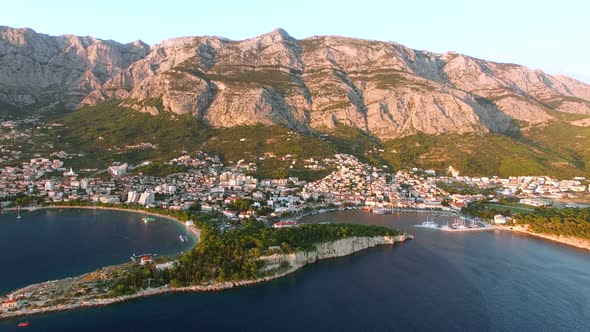 Aerial view of sunset at Makarska bay in Dalmatia alt